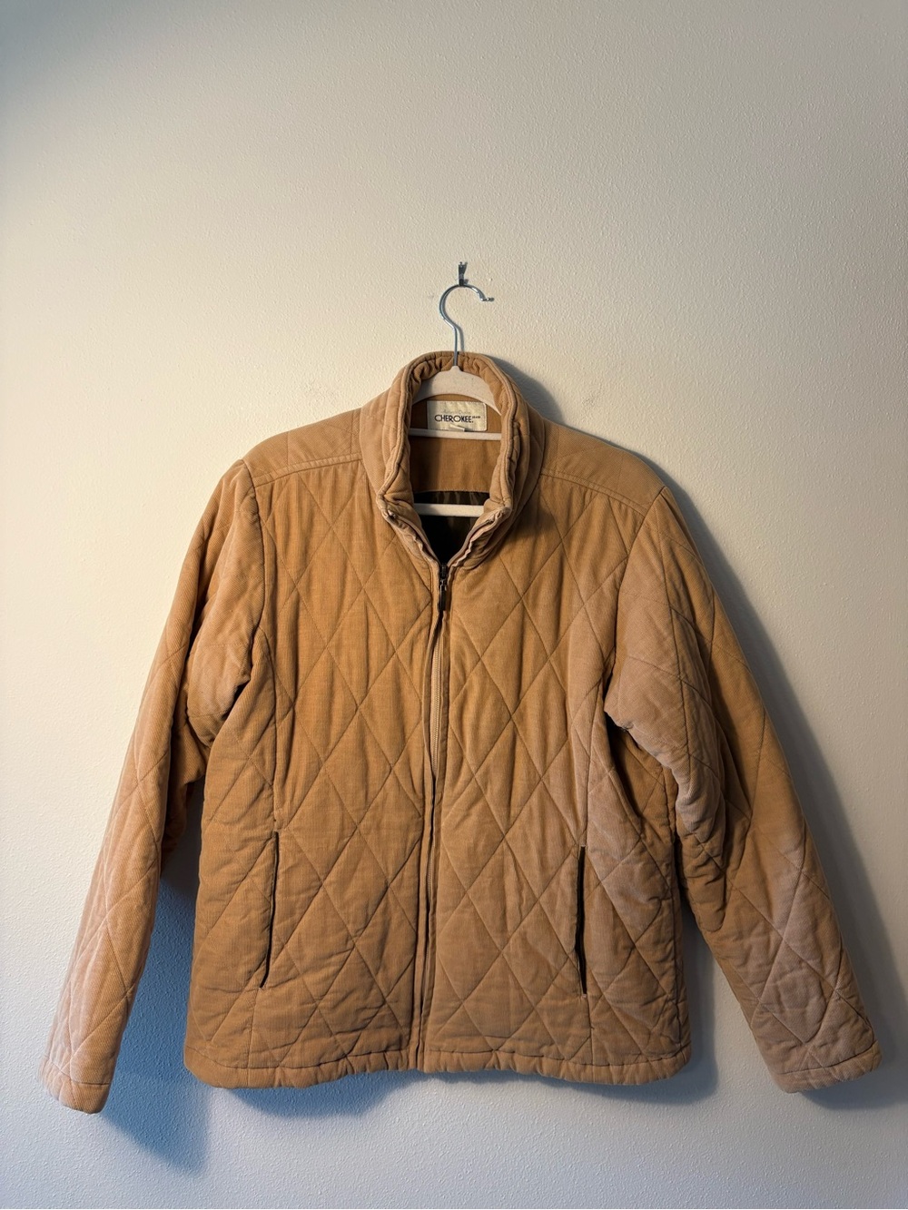 Vintage Cherokee Camel Tan Diamond Quilted Corduroy Zip Jacket Large